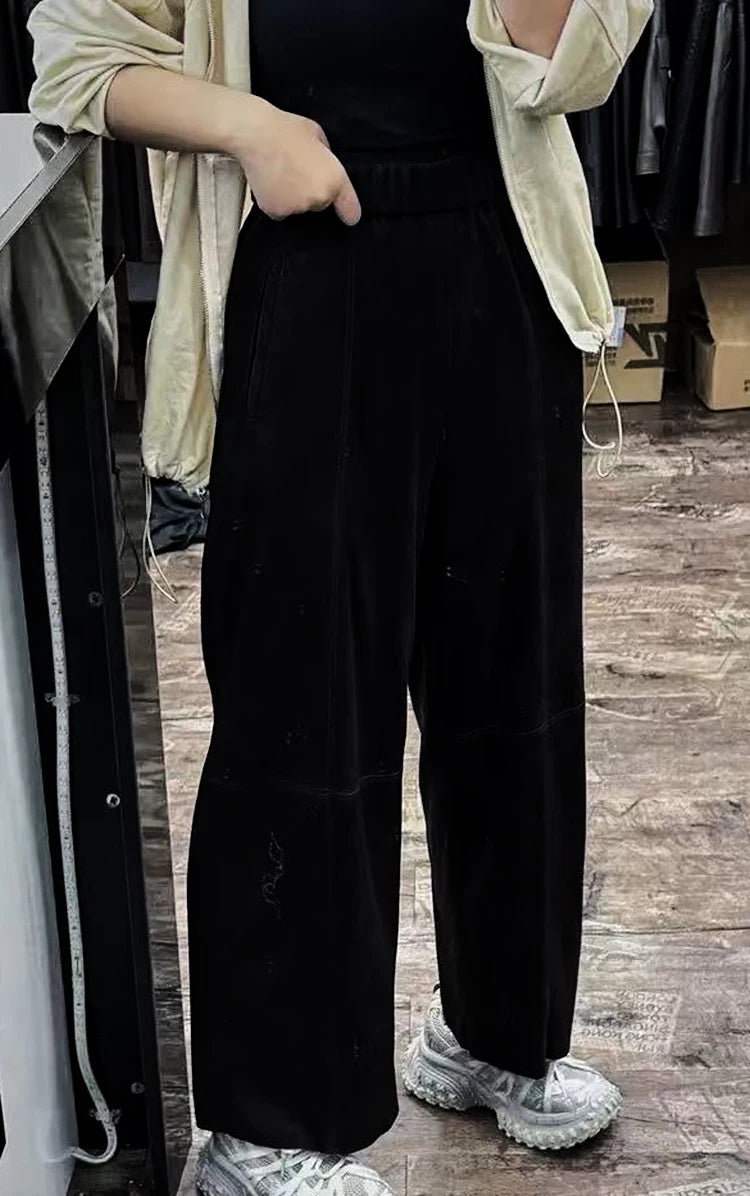 Retro Suede Leather Cropped Pants for Women Femae Genuine Leather Wide Leg Floor Long Trousers Straight Cylinder Spodnie Damskie
