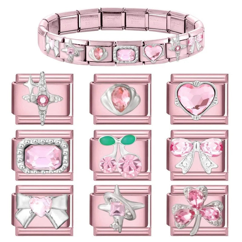 2025 New Women Romantic Pink Cherry Heart Shiny CZ Italian Charm Links Fit 9mm Bracelet Stainless Steel DIY Making Jewelry Gifts