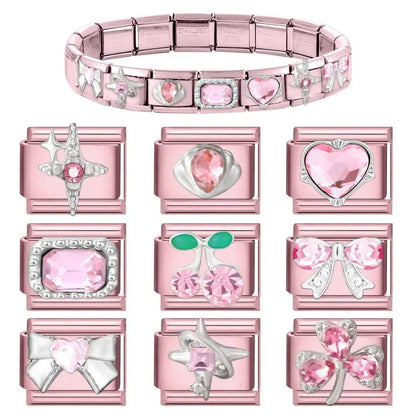 2025 New Women Romantic Pink Cherry Heart Shiny CZ Italian Charm Links Fit 9mm Bracelet Stainless Steel DIY Making Jewelry Gifts