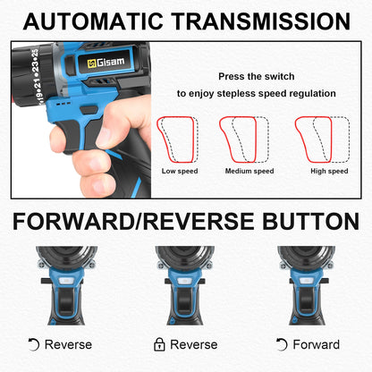 Gisam 95NM Brushless Electric Impact Drill 25+3 Torque 3 in 1 Cordless Electric Screwdriver Portable Power Tools For Home Woodwo