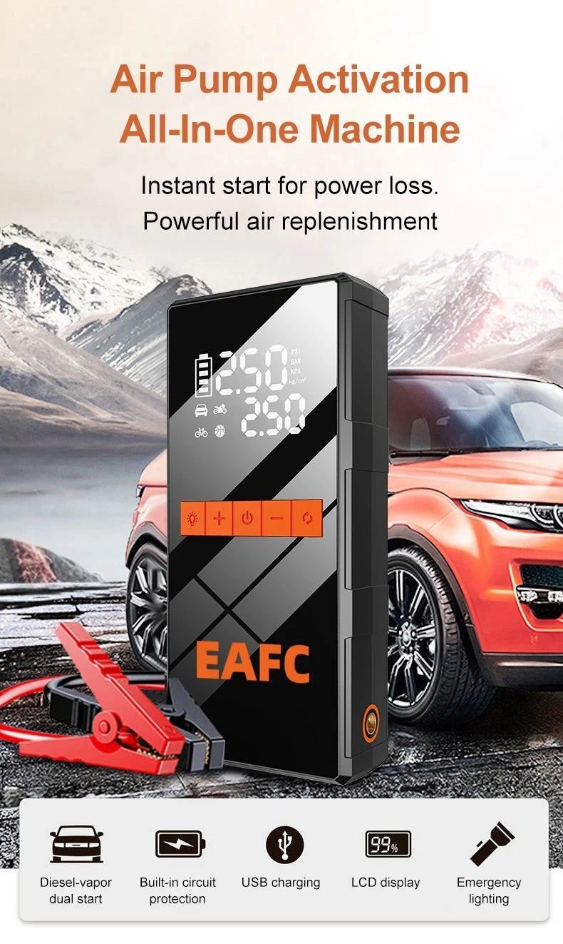 EAFC 1200A Car Jump Starter Air Pump Portable 2 in 1 Air Compressor Multi-function Tire Inflator Auto Portable Battery Starter