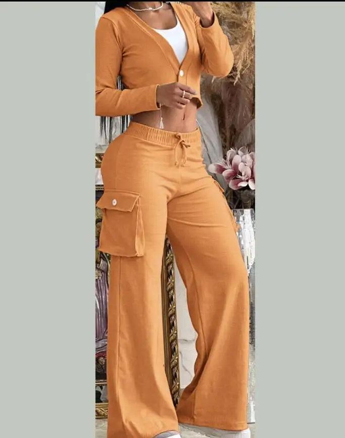 Autumn Fashionable And Elegant Solid Color Women's Suit Long-sleeved V-neck Short Coat Pocket Wide-leg Drawstring Trousers Suit
