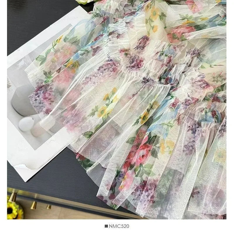 Faldas Y2k Elastic Waist Floral Print Mesh Skirt Women Summer Beach Vacation Style Versatile Stitching A-line Elegant Long Skirt