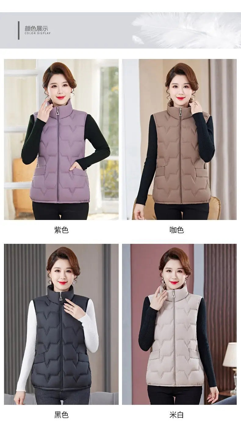 Fashion Women Down Cotton Jackets Vests Solid Stand Collar Zipper Cardigan Thicken Autumn Winter Warm Casual Sleeveless Coats