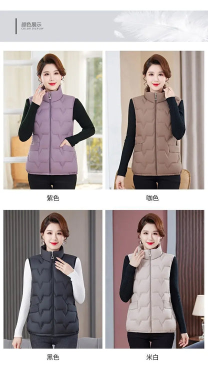 Fashion Women Down Cotton Jackets Vests Solid Stand Collar Zipper Cardigan Thicken Autumn Winter Warm Casual Sleeveless Coats