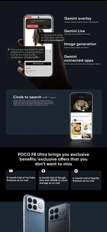 Global Version POCO F8 Ultra 5G Smartphone Snapdragon® 8 Elite Gen 5 6500mAh 100W HyperCharge 6.9" Eye-care AMOLED display NFC