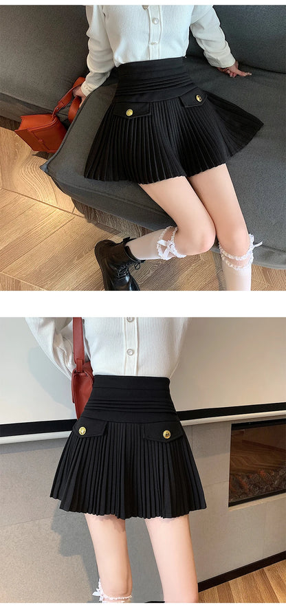 New Fashion Korean Elegant Pleated Mini Skirts Women Vintage Buttons Woolen Solid A-line High Waist Short Skirt Autumn Spring 