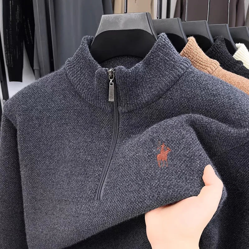High quality half zipper knitted sweater men fashion luxury brand embroidery designer new top plush warm thick casual men's wear