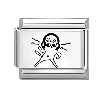 Laser Engraving Cute Cartoon Black Playing Cats Italian Charm Links Fit 9mm Stainless Steel Bracelet Men Women DIY Making Gifts