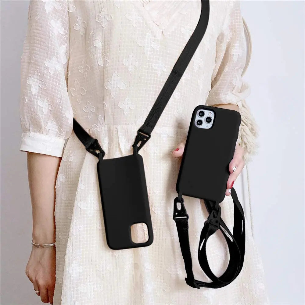 2024 Silicone Lanyard Phone Case For iPhone 12 13 Mini 14 15 16 Pro Max X XR XS Cover With Neck Strap Crossbody Necklace Cord