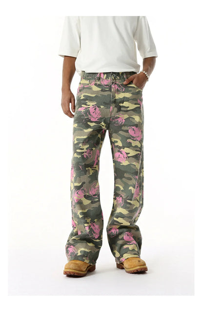 2025 Four Seasons Men's Youth Popular Multi color Pattern Camouflage Pants Basic Versatile Straight Wash Casual Cowboy Pants