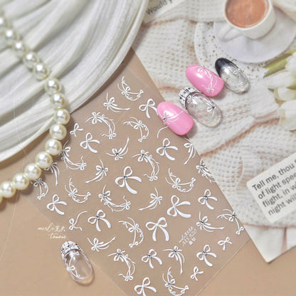 Shell Light Nail Stickers Small Fresh White Bow Ribbon Nail Charms Stickers Self Adhesive Nails 3D Decorations Parts DIY Decals