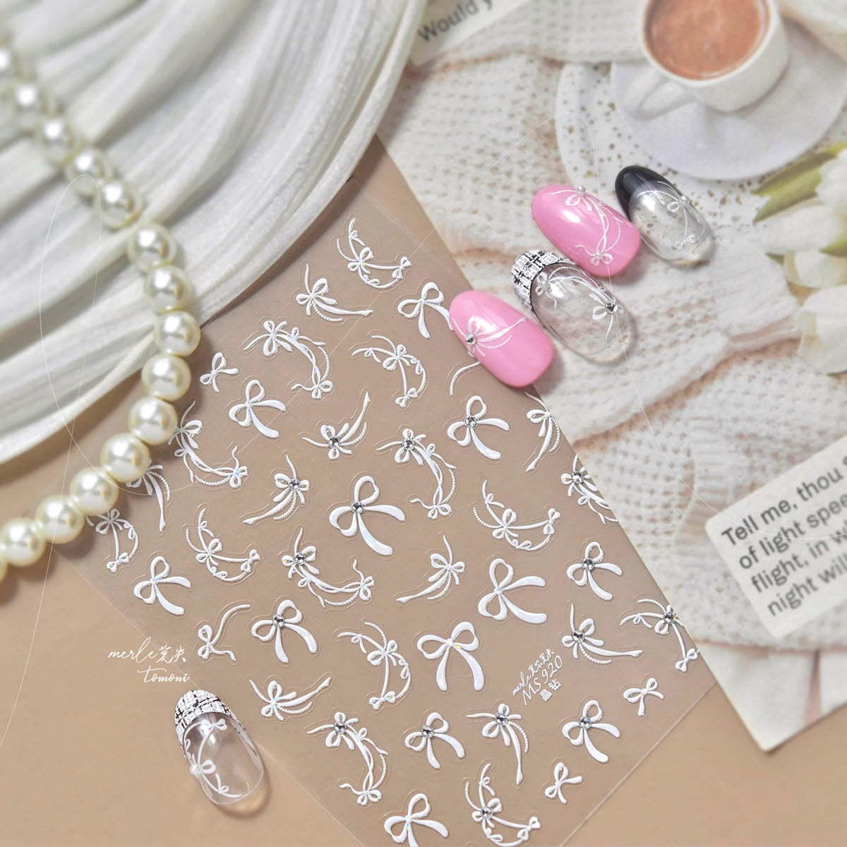 Shell Light Nail Stickers Small Fresh White Bow Ribbon Nail Charms Stickers Self Adhesive Nails 3D Decorations Parts DIY Decals