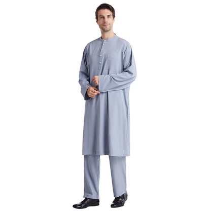Muslim Men Jubba Thobe 2 Pice Set Top with Pant Mens Abaya Long Islamic Eid 2025 Ramadan Long Robe Saudi Wear Caftan Dubai Arab