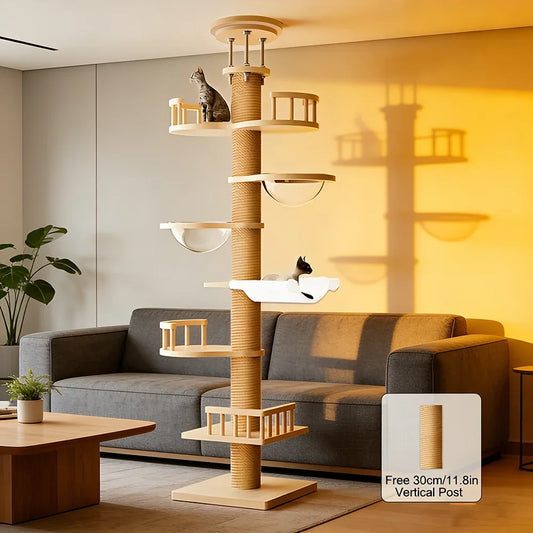1PC Floor-to-Ceiling Sisal Cat Tree, Multi-Level Design with Hammock, Space Capsule & Observation Perch, Indoor Cat Toy