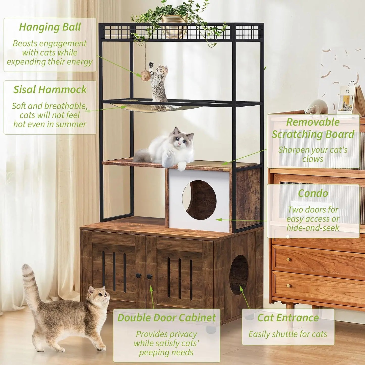 Garvee Cat Litter Box Cabinet with Cat Tree, Large Wooden Cat Furniture with Storage Compartment, Cave, Hammock & Play Ball, Corner Cat Bed for Safe & Cozy Resting