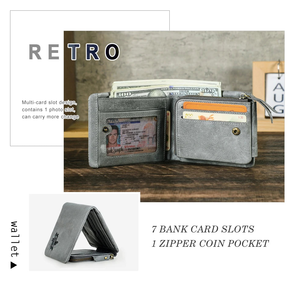 CONTACT'S Genuine Leather Short Wallets for Men Trifold Card Holder Money Clip Coin Purse Male Pocket Wallets Men's Purse Bags