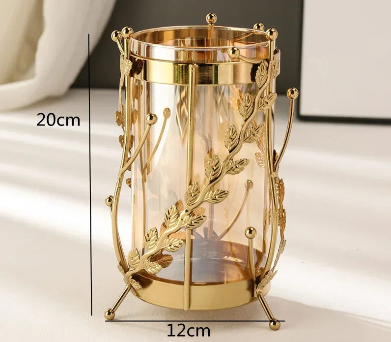 Gold Hollow Coral Vase Transparent Glass Vase Ornament Metal Rack Living Room Hydroponic Flower Arrangement Home Decoration