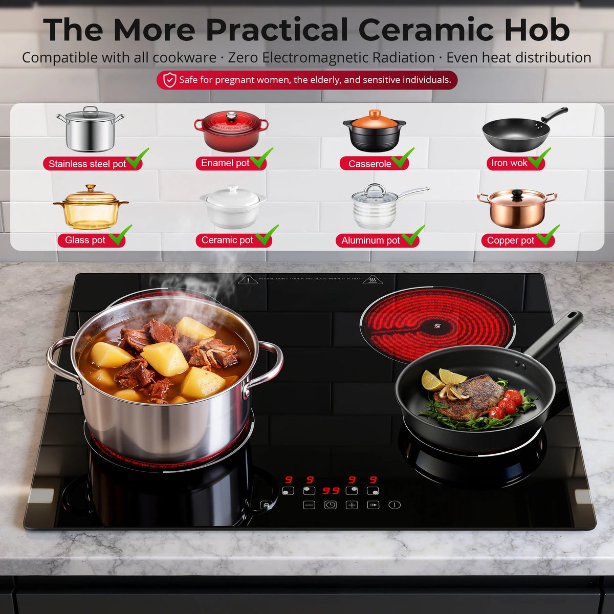 6000W Built-in Ceramic Hob, 4 Zone Induction Cooktop with Touch Control, 9 Power Levels, Timer & Child Lock, 60cm Black Glass