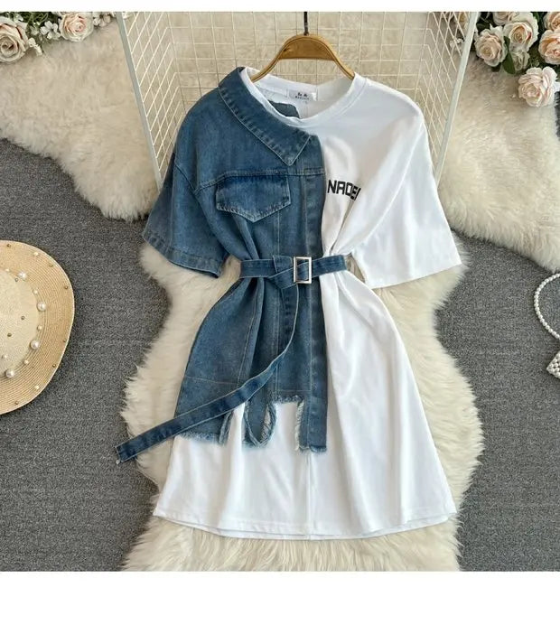Retro Hong Kong Sle Chic Casual Mid-Length round Ne Patchwork Color Denim irt with Belt Spring New Women's Faion Top