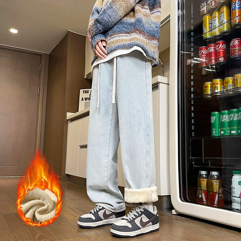 Men's Thicke Fleece Straight Jeans Winter Velvet Thermal Nostalgia Washing Denim Pants Streetwear Elastic Waist Loose Trousers