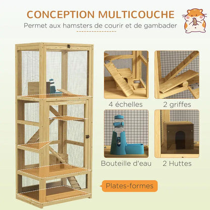Cage for hamsters or small animals in wood 5 levels with niche balançoire 54 x 38 x 131 cm natural