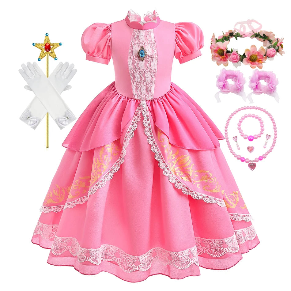 Peach Princess Costume with LED Color Light Toddler Birthday Game Role Play Dress Girl Halloween Festival Gown Pink Lace 4-8 Y