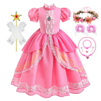 Peach Princess Costume with LED Color Light Toddler Birthday Game Role Play Dress Girl Halloween Festival Gown Pink Lace 4-8 Y
