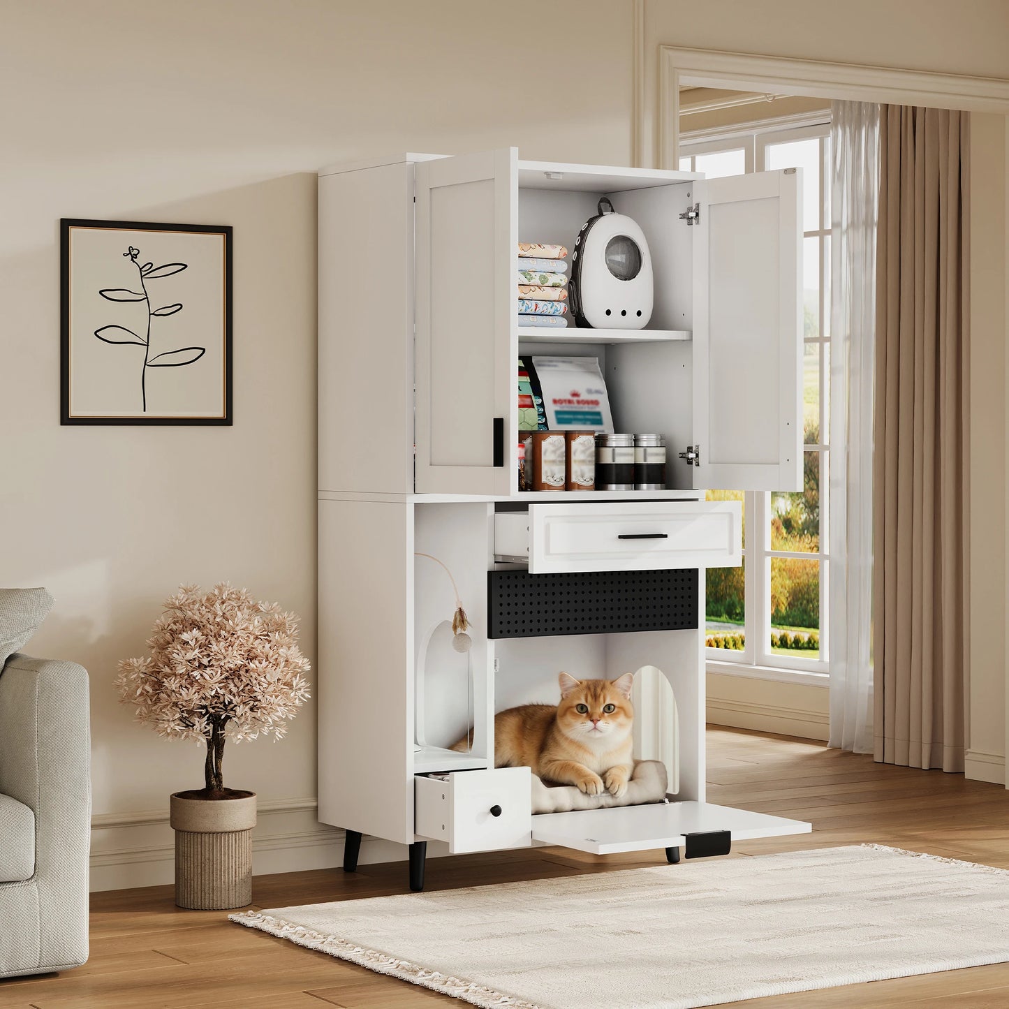 Multifunctional Cat Storage Cabinet with Stable Construction, Adjustable Shelves, Drawers, and Cat Bed Area – Cozy Activity Space for Cats, Pet Furniture with Arch Openings