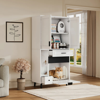 Multifunctional Cat Storage Cabinet with Stable Construction, Adjustable Shelves, Drawers, and Cat Bed Area – Cozy Activity Space for Cats, Pet Furniture with Arch Openings