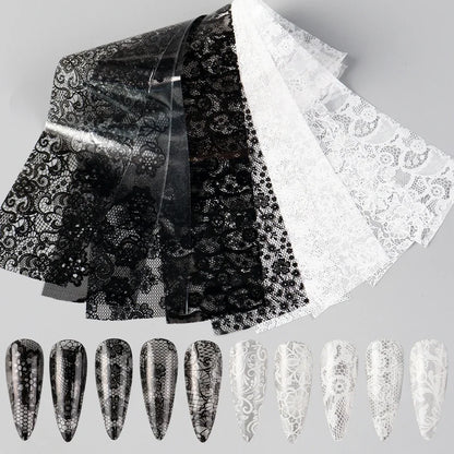 10pcs Elegant Black White Lace Flowers Nail Transfer Foils Stickers Black And White Sexy Lace DIY Charms Nail Art Decoration