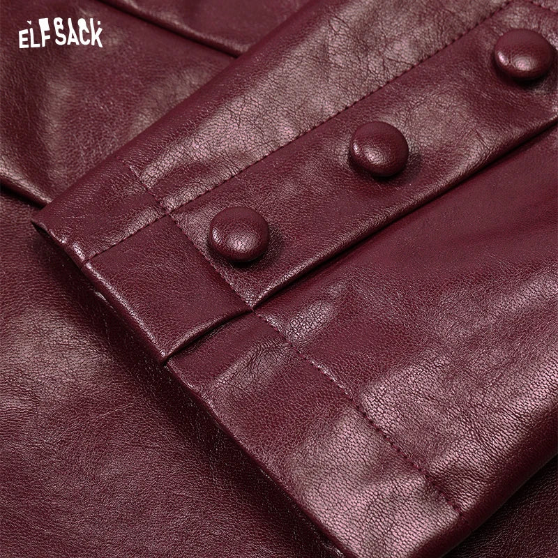 ELFSACK Women's Faux Leather Blazer Oversized Wine Red Long Sleeve Casual Office Wear Jacket Fashion Streetwear Coat