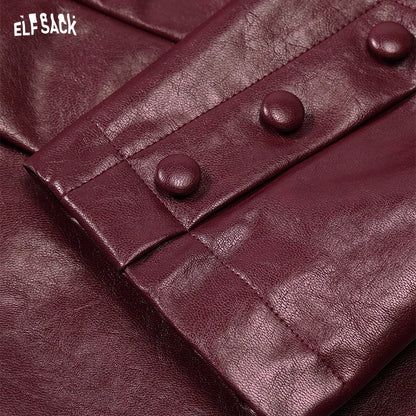 ELFSACK Women's Faux Leather Blazer Oversized Wine Red Long Sleeve Casual Office Wear Jacket Fashion Streetwear Coat