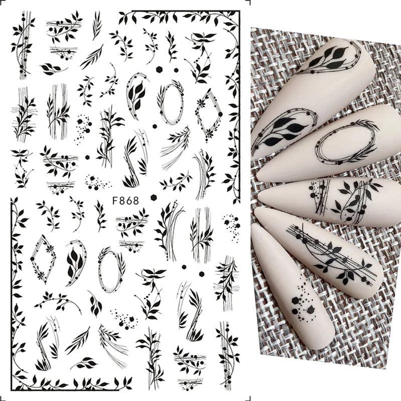 Black and White Love Flowers Line Art 3D Stickers Nail Decals Nail Art Accessories Butterfly Rose Nail Stickers Nail Sliders