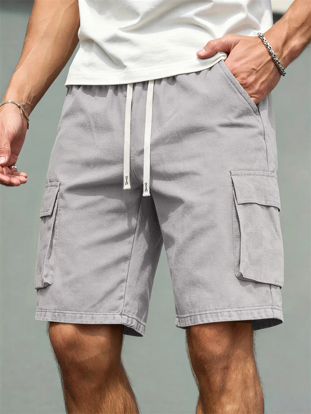 2026 Men's loose linen straight-leg pants, casual multi-pocket work shorts, high-end men's shorts, drawstring daily work shorts