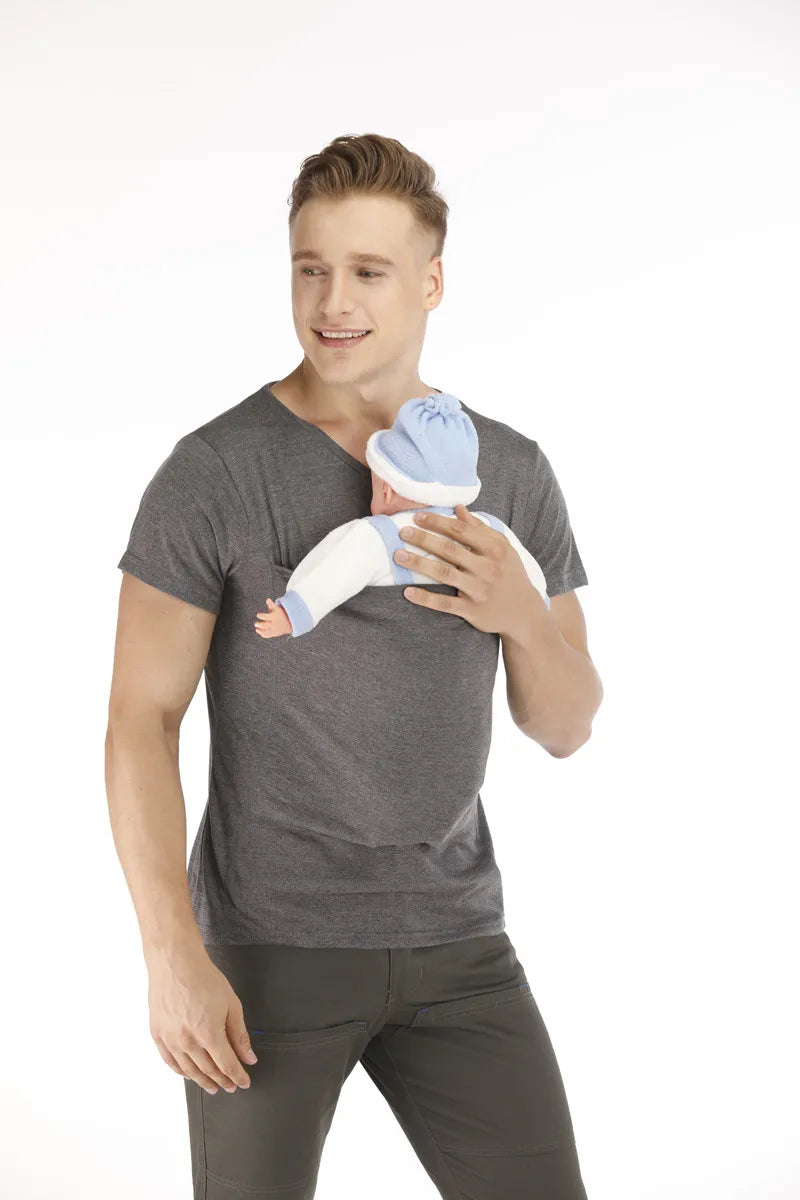 Safety Kangaroo Pocket T-Shirt Baby Carrier Summer Pregnancy Clothes Mother Father Short Sleeves Tops Feeding Nylon Cotton Tees