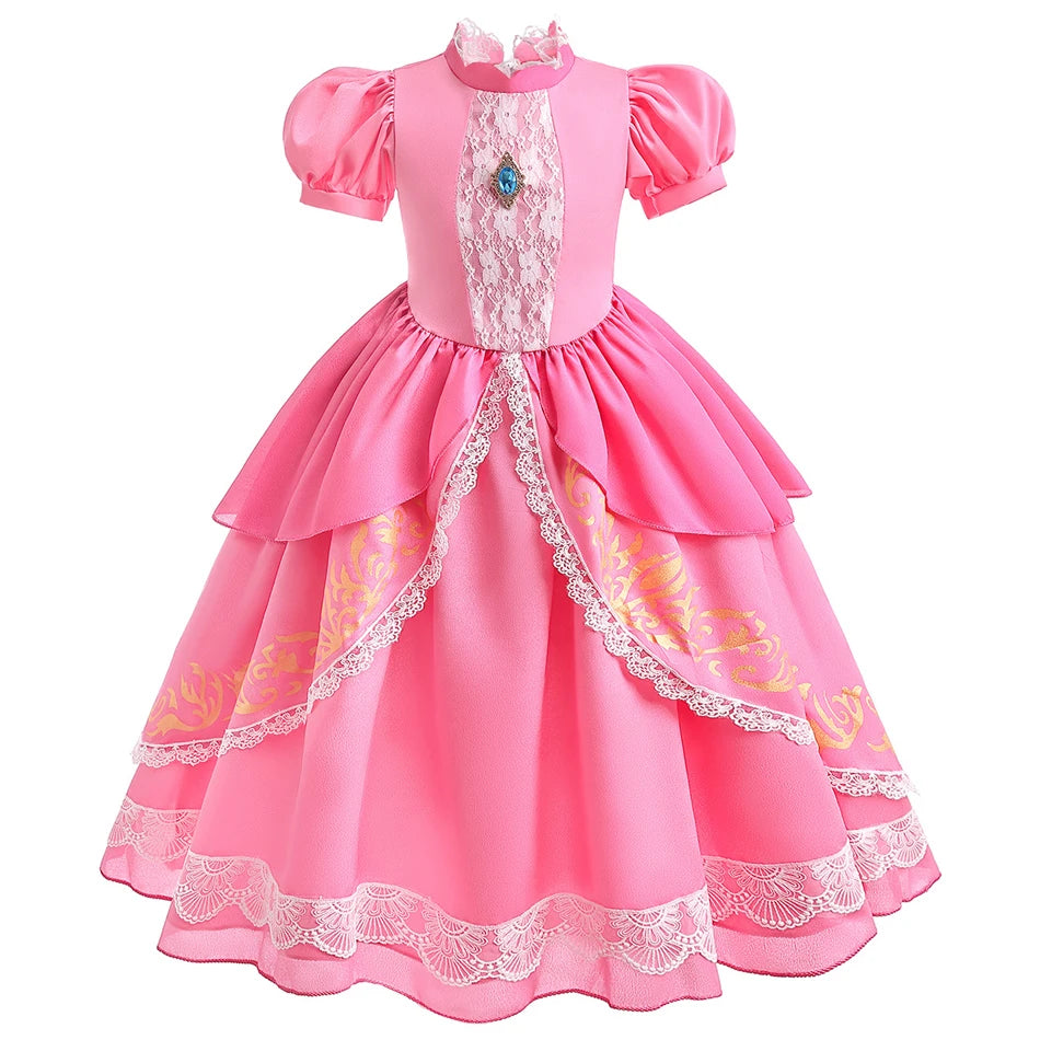 Peach Princess Costume with LED Color Light Toddler Birthday Game Role Play Dress Girl Halloween Festival Gown Pink Lace 4-8 Y