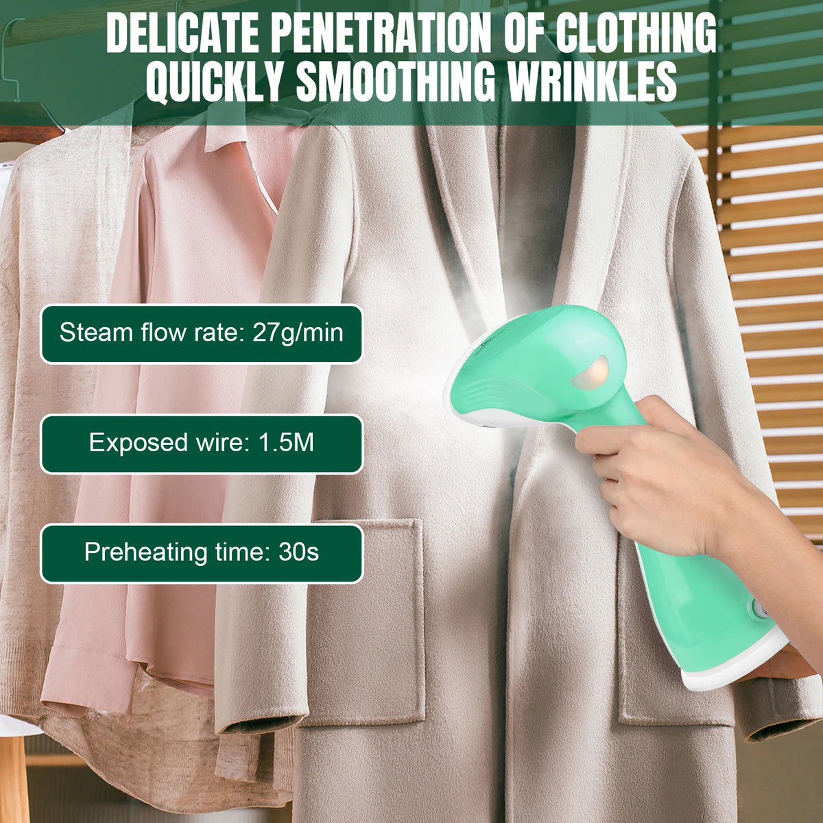 1500W Handheld Clothes Steamer Portable, 300ml Water Tank, 30s Fast Heat-up, 27g/min, Stainless Steel Panel,1.5m Cable