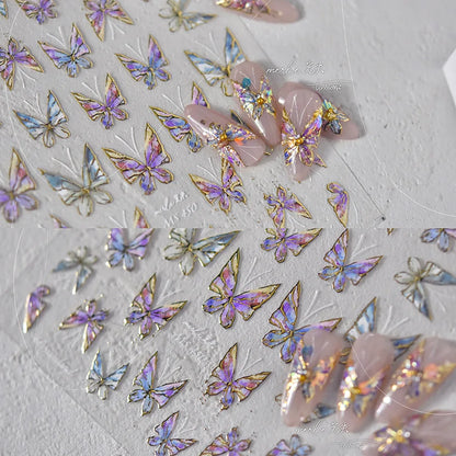 Shiny Jelly Butterfly Charming Golden Gradient Bowknot 5D Self Adhesive Nail Art Sticker Flower Petal Rhinestone Manicure Decals
