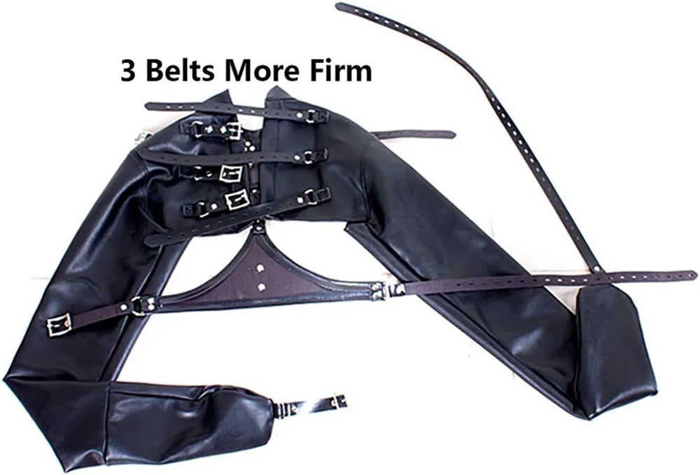 Black Leather Exposed Nipples Bra Arm Restraints Sleeve Adult SM Training Toys Bdsm Collar Body Harness Bondage Straight Jacket