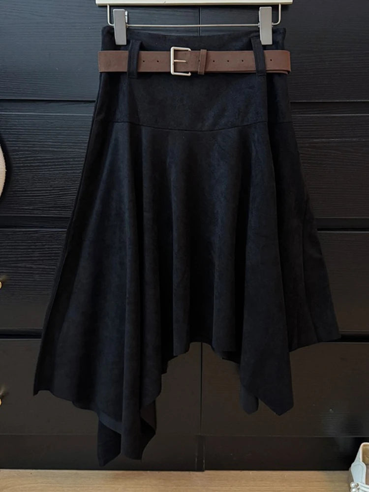 French Fashion Y2K Vintage Harajuku Suede Skirts Women Slim Fit Irregular High Waist A-Line Skirts Casual Elegant Pleated Skirts