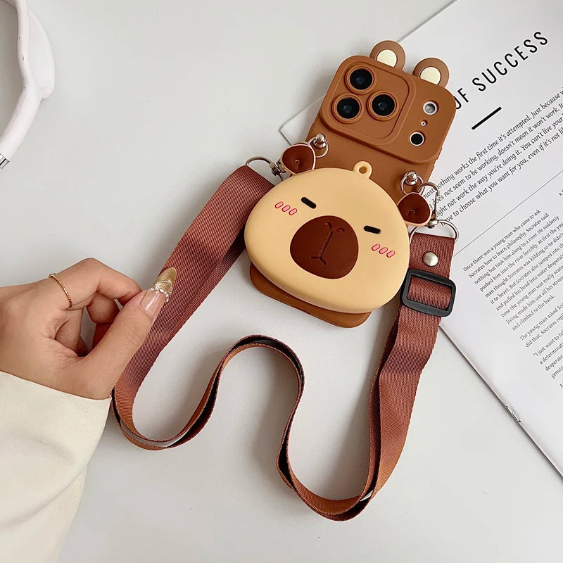 For iPhone 17 16 15 14 13 12 11 XR Xs 6 6s 7 8 SE Pro Max mini Plus e Capybara head Wallet Case With Accessories