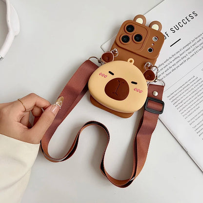 For iPhone 17 16 15 14 13 12 11 XR Xs 6 6s 7 8 SE Pro Max mini Plus e Capybara head Wallet Case With Accessories