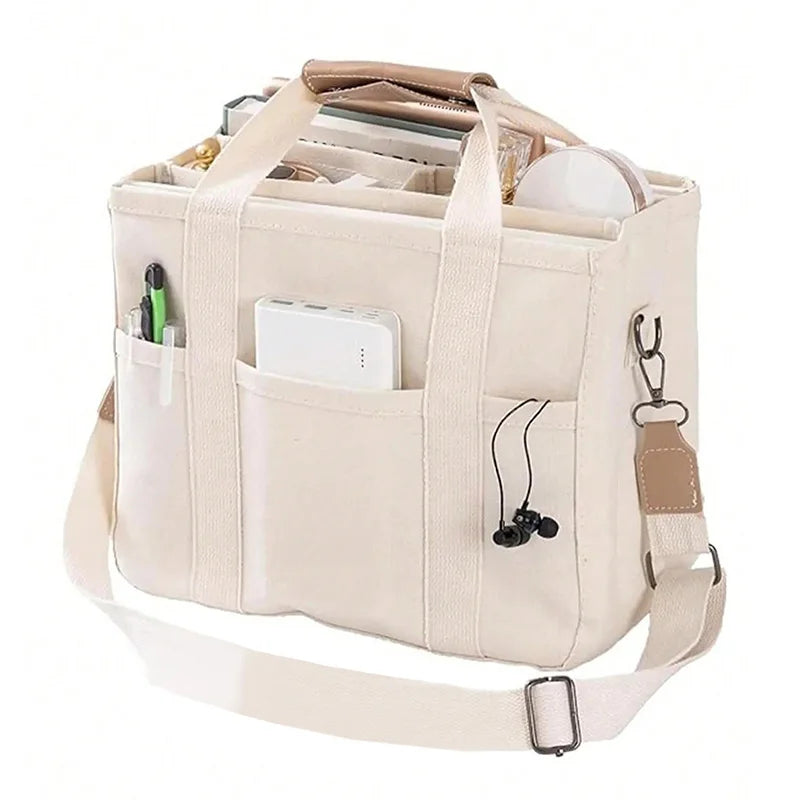 Women's Casual Canvas Handbag Multi-pocket Large Capacity Tote Bag Adjustable Shoulder Strap Casual Shoulder Shopper Bag Female