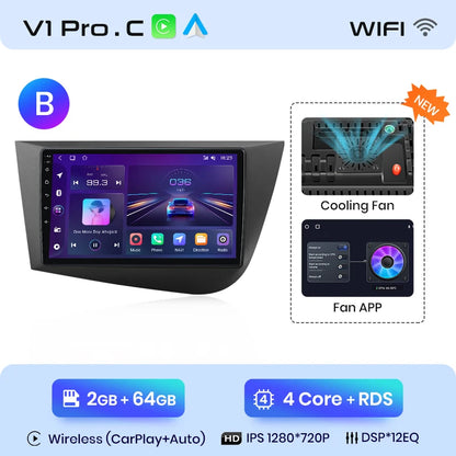 Junsun Wireless CarPlay Android Auto Car Radio for Seat Leon MK2 2005 2006 2007 2008 -2012 2 DIN Multimedia Stereo with Built-in Cooling Fan GPS Navigation SWC Bluetooth FM RDS DSP IPS Screen Car Intelligent Systems 4G WiFi 8