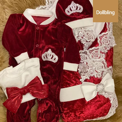Dollbling Royal Blue Velvet Baby Romper Outfits Set Welcome Home Nursery Infant Nest Luxury Crown Receiving Blanket