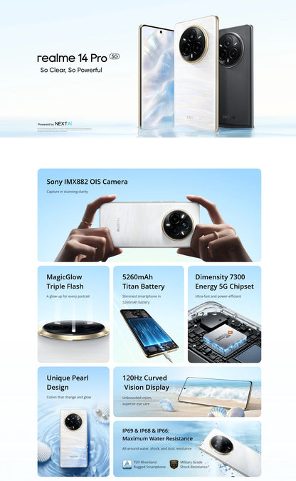 realme 14 Pro 5G European Version 50MP Sony IMX882 OIS Camera Dimensions 7300mAh Battery 120Hz Curved Vision Display IP69