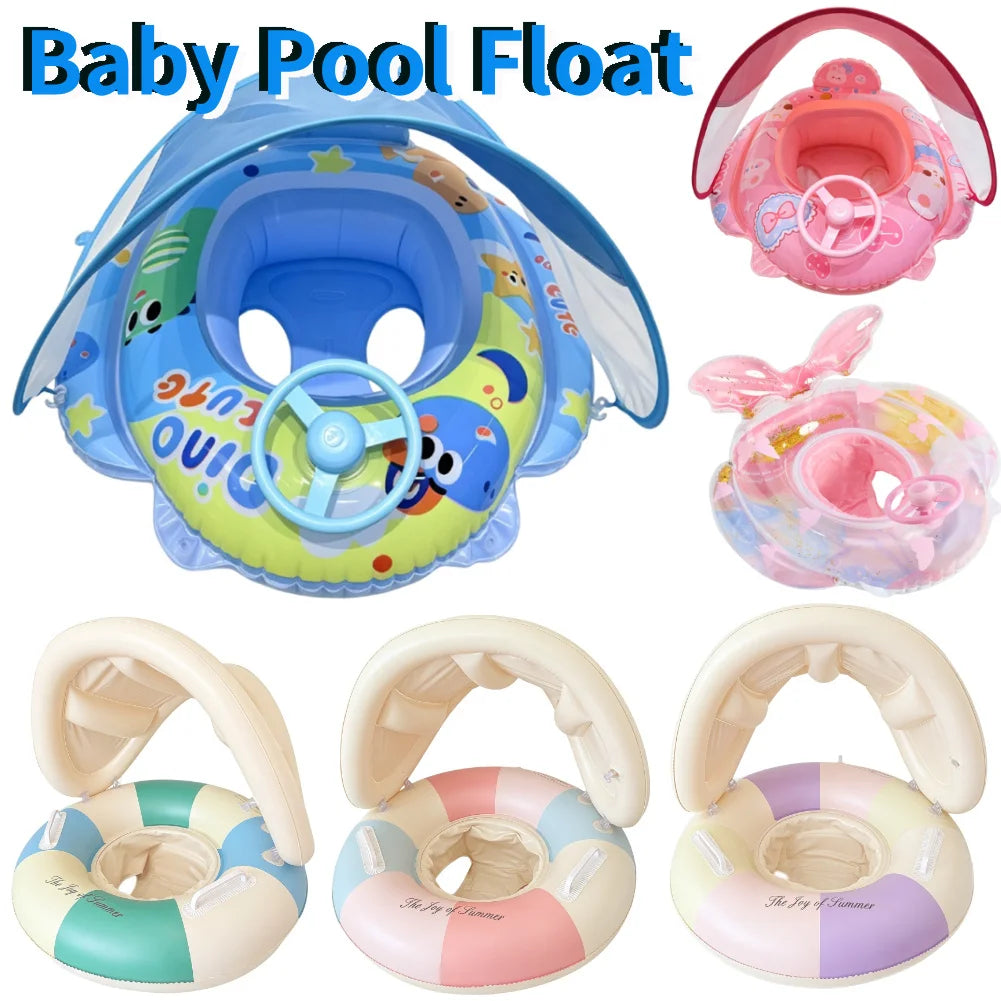 PVC Infant Pool Float with Canopy and Anti-Tip Seat Upgraded Inflatable Baby Pool Float Leak-proof for Toddler Aged 6-36 Months