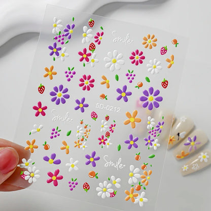 5D Hibiscus Flower Nail Embossed Sticker Acrylic Pink White Gold Petal Leaf Adhesive Decal Butterfly Dragon Floral Elegant Decor