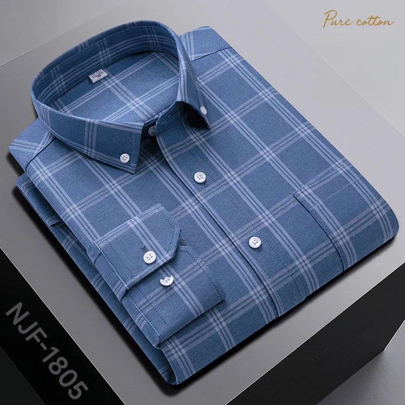 New In Shirt Oversize Long-Sleeve 100%Cotton Shirts for Men Slim Fit Formal Plain Shirt Plaid Casual Tops Designer Black Clothes